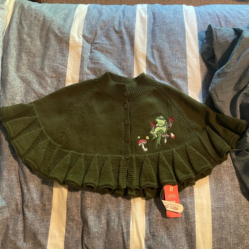 ROMWE Frog and Mushroom Embroidered Cloak Cardigan